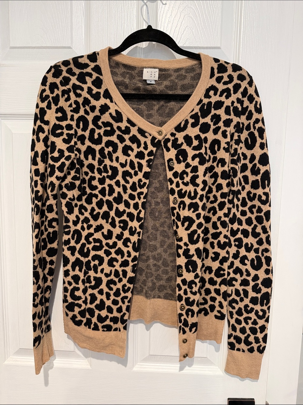 Leopard Print Button-Front Women's Sweater - Tan/Black size medium
